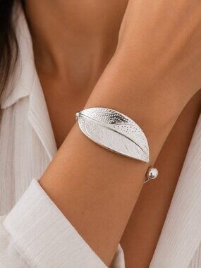 925 Sterling Silver Leaf Bracelet Adjustable Bangle Cuff Statement Bracelet